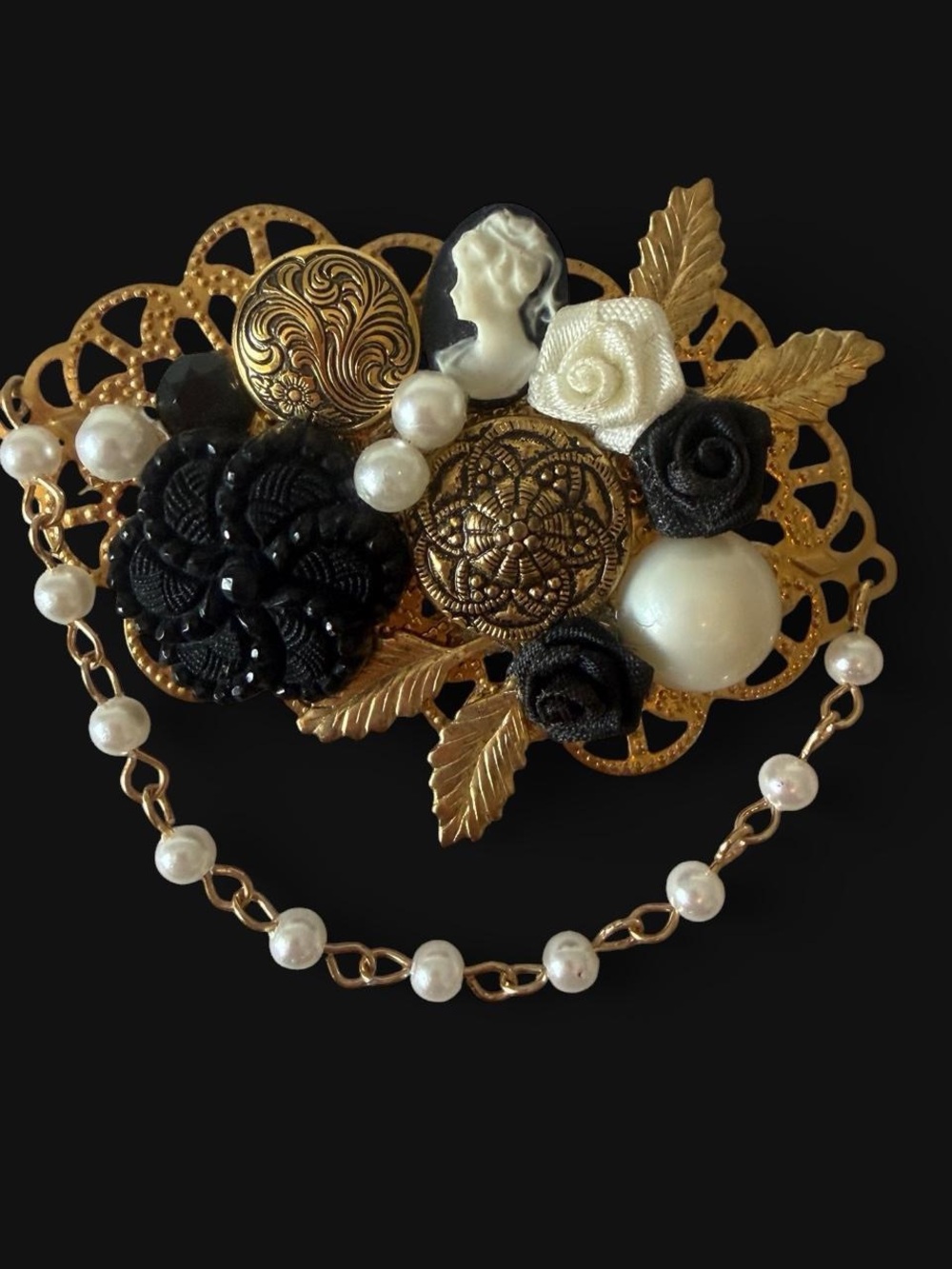 Gold Filigree Cameo Brooch with Black & White Accents
